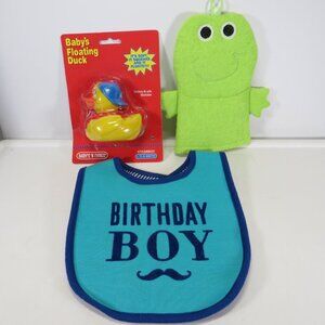 Baby Boy set Birthday Bib, Rubber Ducky & Food Bath Mit